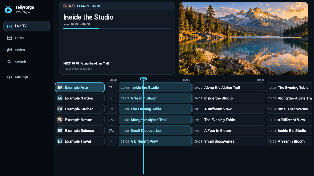 TellyForge Fire TV Direct remote layout with a nature preview and fictional programme guide.
