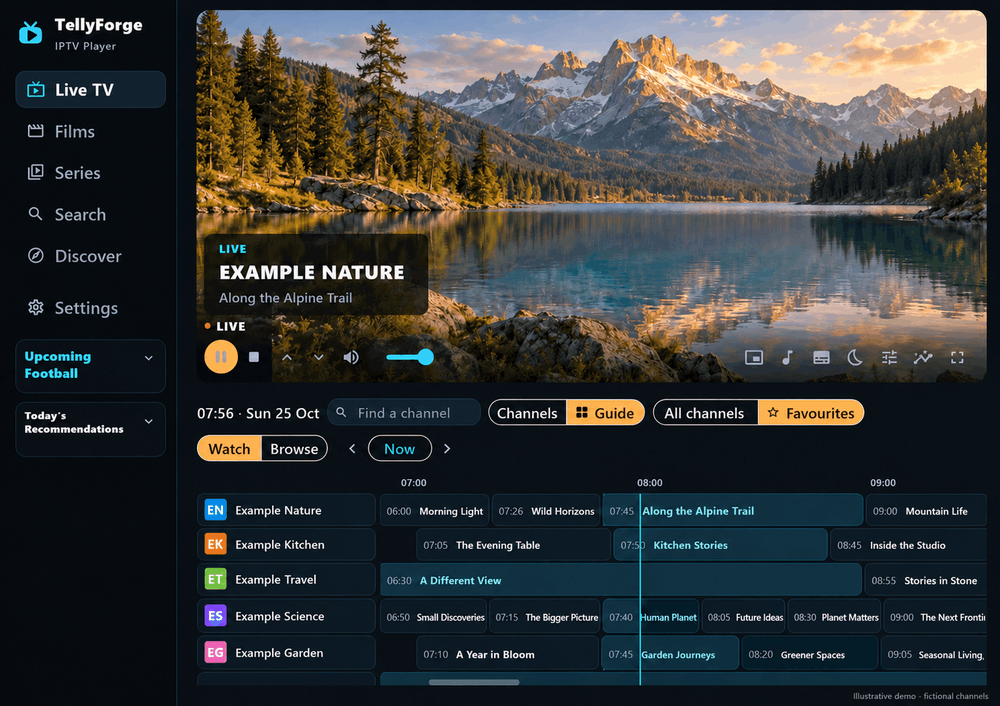 Edited TellyForge shared desktop layout for Windows, Mac and Linux, with an illustrative mountain landscape, fictional Example channels, Upcoming Football and the programme guide.