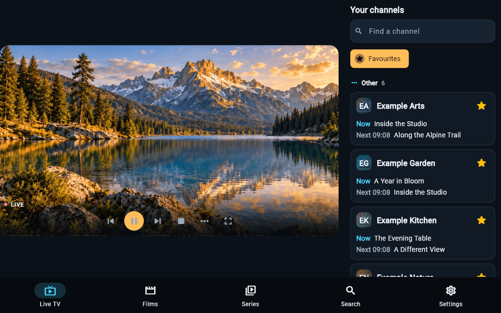 TellyForge shared tablet layout for iPad and Android, with a nature preview and fictional channel list.